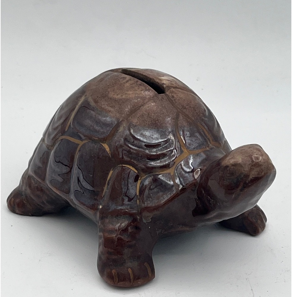 Vtg Mid Century‎ Ceramic Turtle Bank, Redware Drip Glaze Japan, Brown Pottery